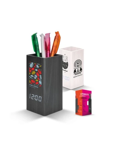 PENDULETTE AVEC POT A CRAYONS ET THERMOMETRE, HORLOGE DE BUREAU